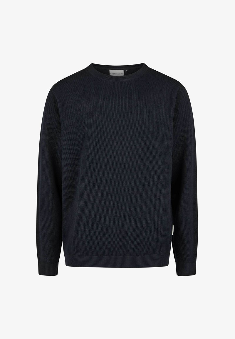 Dunkelblaues gestricktes Sweatshirt mit strukturiertem Muster, rundem Ausschnitt, gerippten Bündchen und Saum sowie einem kleinen Logotag an der Seite.