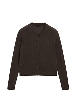 Mørkebrun cardigan med knapper, lange ærmer og ribbet kant og manchetter, lagt fladt på hvid baggrund.