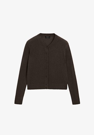 Mørkebrun cardigan med knapper, lange ærmer og ribbet kant og manchetter, lagt fladt på hvid baggrund.