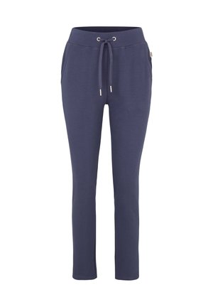 Marineblaue Jogginghose mit Kordelzug an der Taille, Seitentaschen und weichem Stoff. Mit goldfarbenen Hardware-Akzenten versehen.