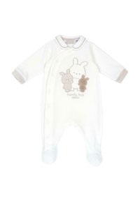 Weißer Baby-Body aus weichem Stoff, mit Kragen, langen Ärmeln und beigem Besatz. Bestickte Tiere mit dem Text "Familienumarmung."