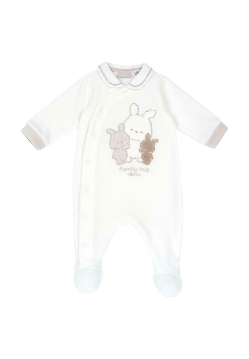 Weißer Baby-Body aus weichem Stoff, mit Kragen, langen Ärmeln und beigem Besatz. Bestickte Tiere mit dem Text "Familienumarmung."