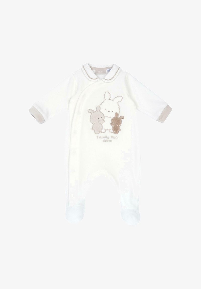 Weißer Baby-Body aus weichem Stoff, mit Kragen, langen Ärmeln und beigem Besatz. Bestickte Tiere mit dem Text "Familienumarmung."