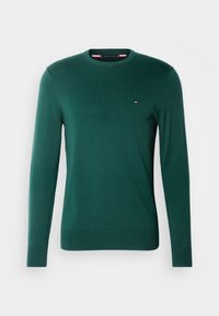Pull vert foncé à manches longues et col rond avec un petit logo brodé rouge, blanc et bleu sur le côté gauche de la poitrine.