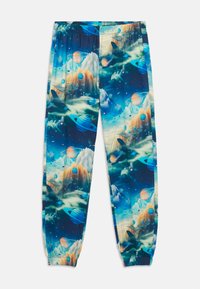 Kleurrijke pyjamabroek met een ruimte-thema, met een blauwe en groene sterrenstelselprint, een elastische tailleband en taps toelopende boorden bij de enkels.