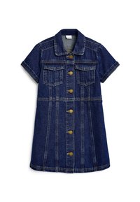 Denimmekko, jossa on kaulus, lyhyet hihat ja nappikiinnitys edessä. Sisältää kaksi rintataskua, kontrastiväristä ommelta ja muotoiltu vyötärö. Tumma sininen väri.