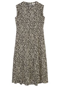 Vestido negro sin mangas con estampado floral blanco, escote redondo y detalle de ojal en la parte posterior. Silueta en A con un dobladillo fluido.