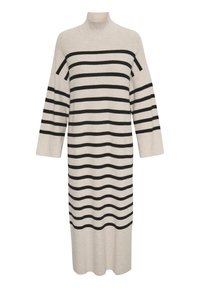 Pruhované pletené šaty s vysokým výstřihem a tříčtvrtečními rukávy, střídající se černé a béžové vodorovné pruhy.