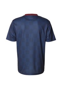 Tengerészkék, rövid ujjú ing, kockás mintával, bordó gallérral és laza fazonnal. Könnyű anyag.