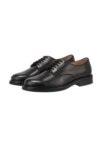 Zwarte lederen veterschoenen met een gladde afwerking, ronde neus en een lage, gestapelde hak. Heeft een klassiek ontwerp dat geschikt is voor formele kleding.
