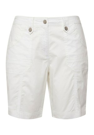 Witte shorts van lichtgewicht stof, met twee zakken aan de voorkant, twee knopen bij de taille en stiksels langs de naden.