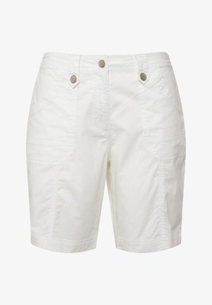 Weiße Shorts aus leichtem Stoff, mit zwei Vordertaschen, zwei Knöpfen am Bund und Steppnähten entlang der Nähte.