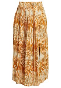 Jupe plissée orange et crème avec un motif à rayures zébrées. Dotée d'une ceinture élastique et d'un tissu fluide et ample pour plus de confort.