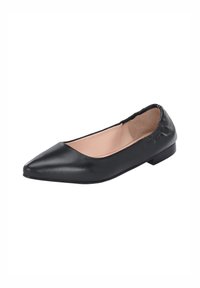 Ballerine in pelle nera con punta affusolata, bordi cuciti e suola piatta. L'interno presenta un morbido rivestimento beige per il comfort.
