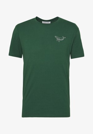 Green cotton t-shirt with short sleeves, featuring a white embroidered whale design on the chest and a crew neckline.