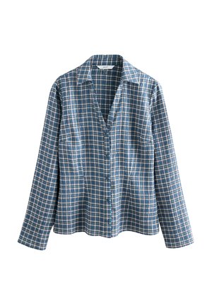 Chemise à manches longues à carreaux bleus en tissu léger. Dotée d'une fermeture à boutons sur le devant, d'un col et d'une poche poitrine. Texturée avec des motifs en quadrillage.