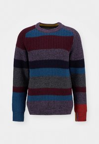 Knitted sweater with ribbed texture, featuring horizontal stripes in burgundy, gray, blue, purple, and an accent of red at the cuff.