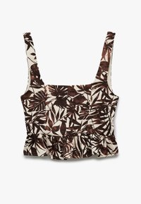 Bruin en crème bloemenpatroon crop top met dunne banden, een aansluitende bodice en een franje onderrand. Gemaakt van textuurstof.