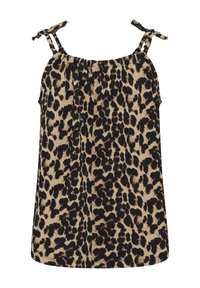 Top beige sin mangas con manchas negras irregulares de leopardo, cuello fruncido y tirantes ajustables para atar en los hombros.
