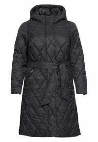 Abrigo negro acolchado hasta las rodillas con capucha, mangas largas, bolsillos laterales con cremallera y cintura con cinturón.