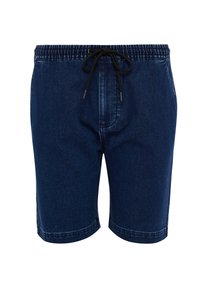 Bermudas de mezclilla en azul oscuro, con una cinturilla elástica y un cordón negro, de longitud media hasta el muslo y con una textura suave sin patrones.