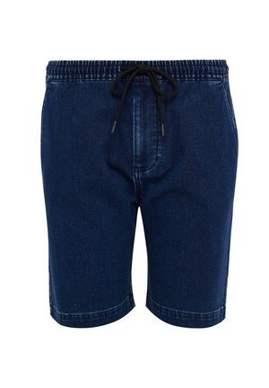 Bermudas de mezclilla en azul oscuro, con una cinturilla elástica y un cordón negro, de longitud media hasta el muslo y con una textura suave sin patrones.