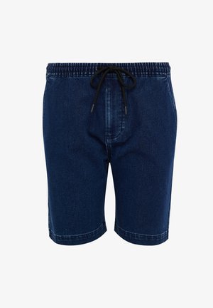 Bermudas de mezclilla en azul oscuro, con una cinturilla elástica y un cordón negro, de longitud media hasta el muslo y con una textura suave sin patrones.