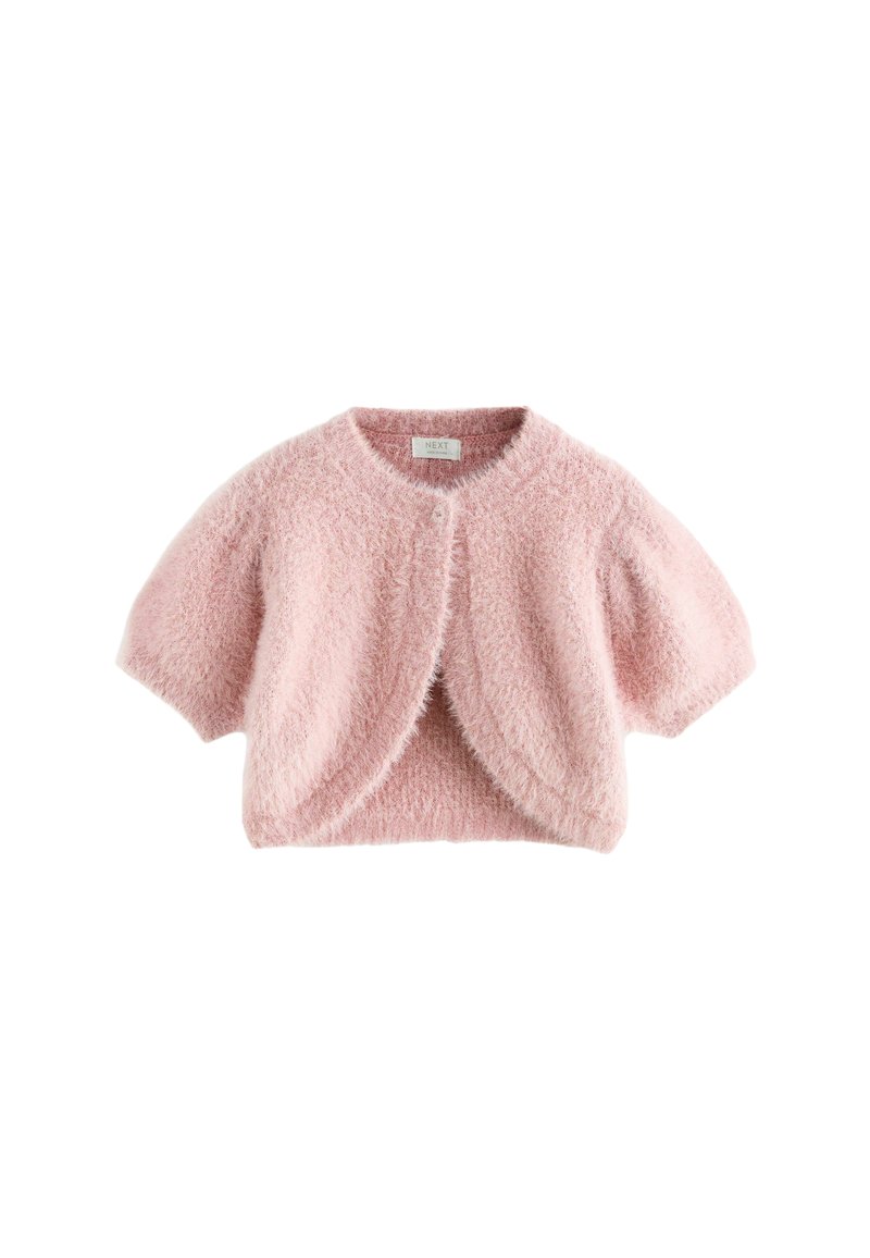 Růžový, načechraný cardigan s krátkými rukávy, má kulatý límec a otevřený přední díl. Měkká textura a pohodlný design jsou vhodné pro vrstvení.