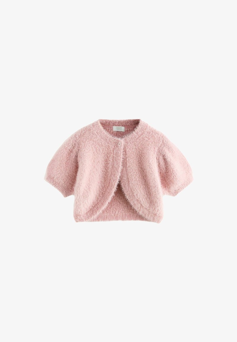 Růžový, načechraný cardigan s krátkými rukávy, má kulatý límec a otevřený přední díl. Měkká textura a pohodlný design jsou vhodné pro vrstvení.