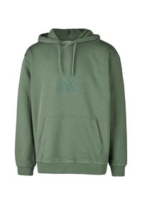 Green hoodie made of soft cotton blend, featuring a kangaroo pocket, adjustable drawstring hood, and embroidered logo in matching color.