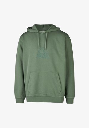 Grüne Kapuzenjacke aus einem weichen Baumwollgemisch, mit einer Kängurutasche, verstellbarem Kordelzug an der Kapuze und besticktem Logo in passender Farbe.