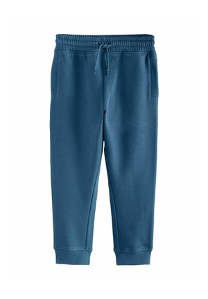Pantaloni da jogging blu con vita elastica, coulisse, tasche laterali e polsini a coste alle caviglie.