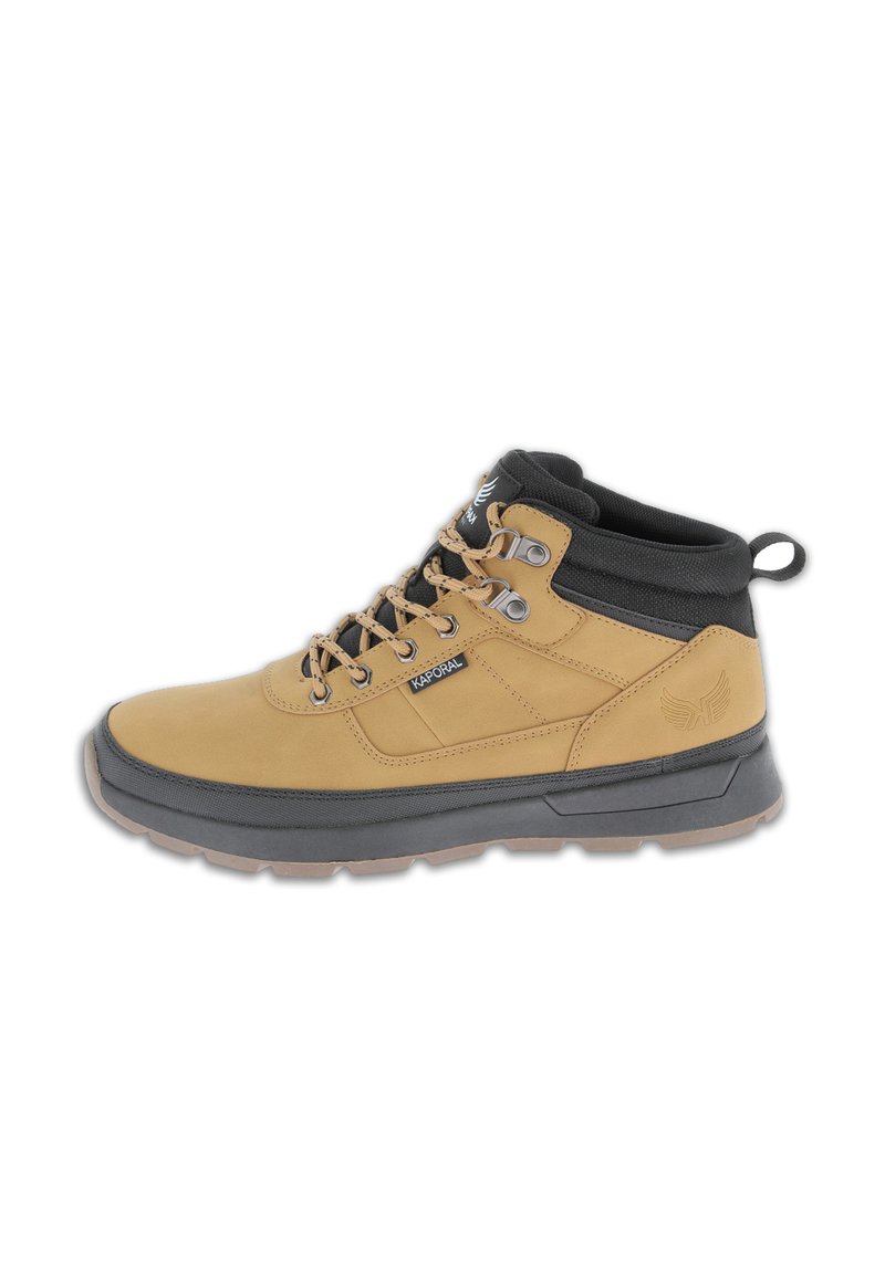 Tan and black high-top hiking boot with lace-up front, metal eyelets, pull tab at heel, and thick rubber sole.