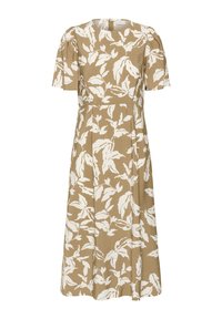 Robe midi marron clair à imprimé floral blanc, manches courtes bouffantes, encolure ronde et fermeture éclair au dos.