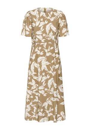 Robe midi marron clair à imprimé floral blanc, manches courtes bouffantes, encolure ronde et fermeture éclair au dos.