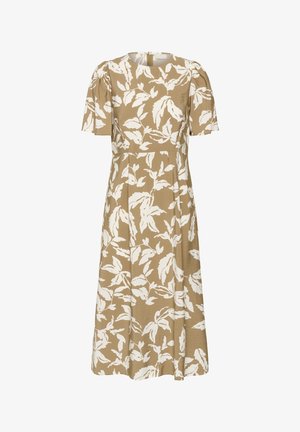 Light brown midi dress with white floral print, short puff sleeves, round neckline, and back zipper detail.