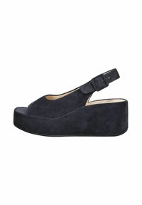 Námořnické modré suedené wedge sandály s odhalenou špičkou, řemínkem na kotníku a detailním sponou. Mají platformu a hladký povrch.