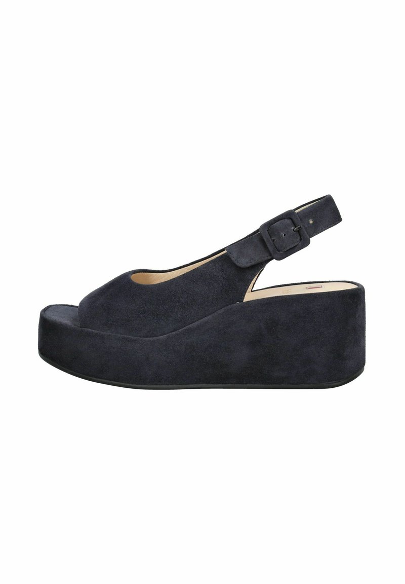 Námořnické modré suedené wedge sandály s odhalenou špičkou, řemínkem na kotníku a detailním sponou. Mají platformu a hladký povrch.