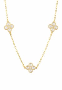 Gold chain necklace with three floral accents featuring clear crystals in a pronged setting, textured details, and a delicate design.