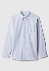 Šviesiai mėlyna ilgomis rankovėmis marškinėliai su sagomis, apykakle, krūtine kišene ir apvalia apačia. Pagaminti iš minkštos tekstūruotos medžiagos.