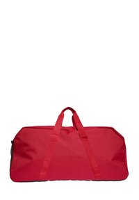 Borsa da viaggio in tessuto rosso con due manici superiori, forma rettangolare, fondo piatto e bordatura nera lungo la base. Nessun logo o motivo visibile.