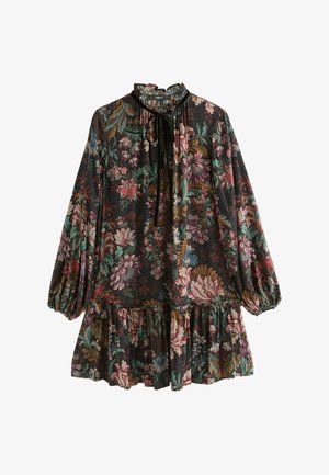 Langärmliges schwarzes Blumenkleid mit Rüschensaum, gerafften Manschetten und einer gebundenen Schleife am hohen Kragen.