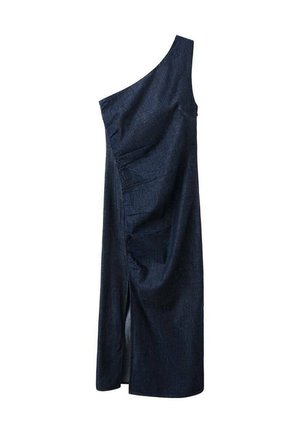 Jeanskleid mit einer Schulter, tiefblau, mit geraffter Textur, asymmetrischem Design und einem seitlichen Schlitz für zusätzliche Details.