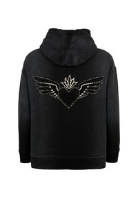 Black hoodie with a textured finish featuring a large embellishment of a heart with wings made of sparkling rhinestones on the back.
