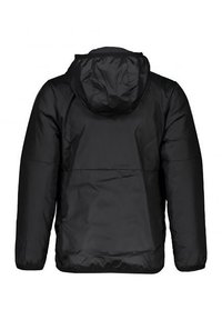 Veste noire légère avec capuche. Dotée de poignets élastiques, d'une texture lisse et d'un design minimaliste. Vue arrière avec une coupe mi-longue.