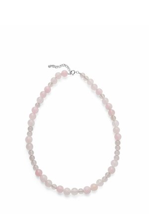 Necklace with round pink and translucent beads and a silver adjustable chain clasp on a white background.