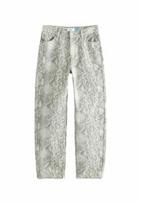 Lichtgrijze high-waisted jeans met een slangenprint patroon. Beschikt over vier zakken, knoopsluiting en rechte pijpen. Gemaakt van denim materiaal.