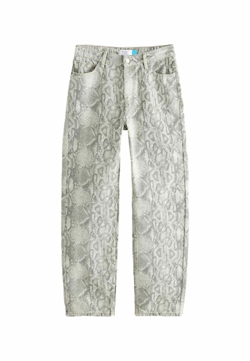 Lichtgrijze high-waisted jeans met een slangenprint patroon. Beschikt over vier zakken, knoopsluiting en rechte pijpen. Gemaakt van denim materiaal.