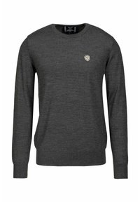 Dunkelgrauer Pullover mit langen Ärmeln, rundem Halsausschnitt und einem kleinen, gestickten Logo in Form eines Schildes auf der linken Brustseite. Weiche Textur.