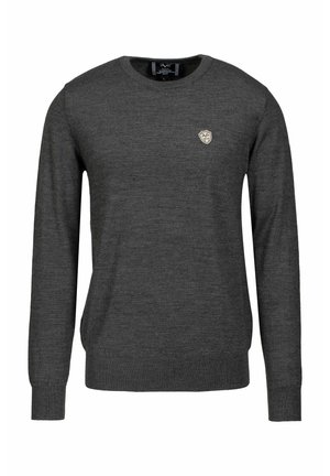 Sweater gris foncé à manches longues, décolleté rond, et un petit logo brodé en forme de blason sur la poitrine gauche. Texture douce.